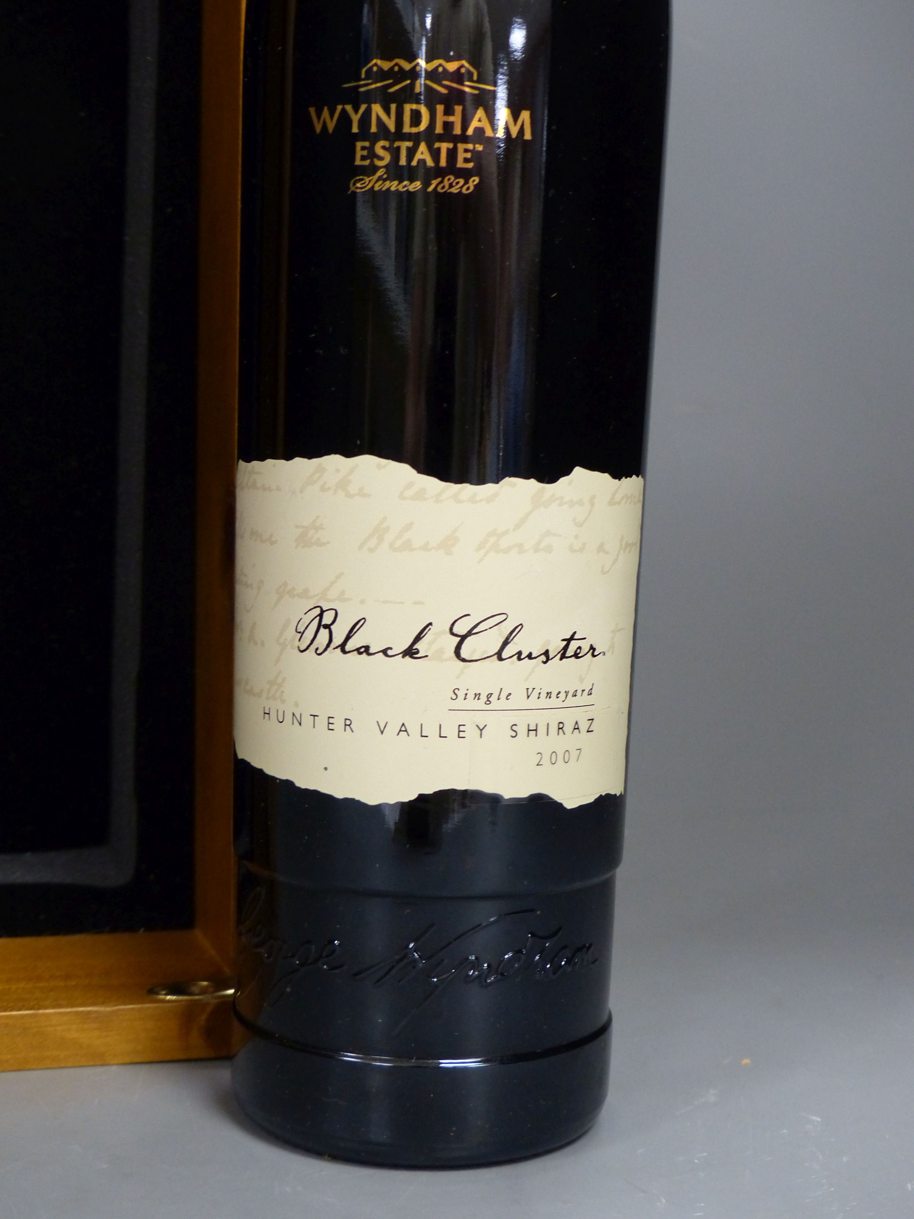 A cased bottle of Wyndham Estate Black Cluster Shiraz, 2007.